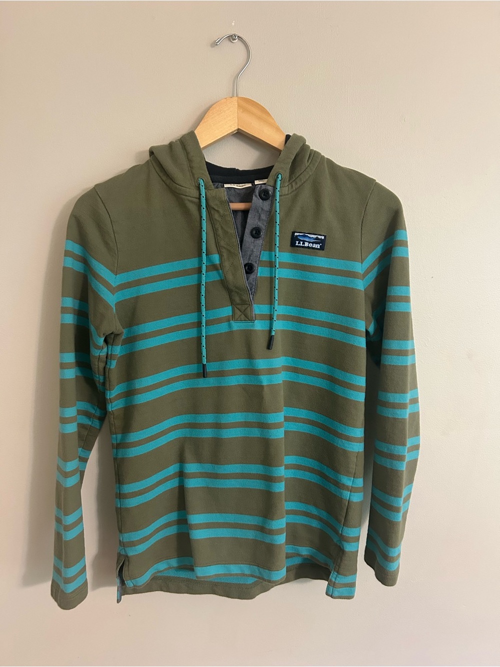 L.L. Bean Olive & Teal Striped Hooded Henley